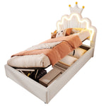 Upholstered Bed 90x200cm Hydraulic Storage LED Crown Adjustable Headboard - PU White