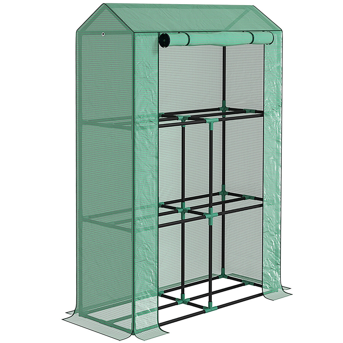 Greenhouse with shelves and roller door, winter-proof film, steel, green