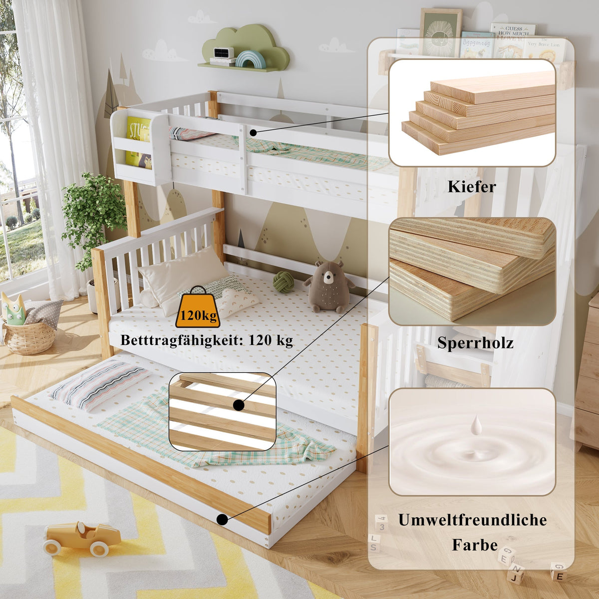 Bunk Bed, Trundle & Corner Stairs, Pine + MDF, White + Natural