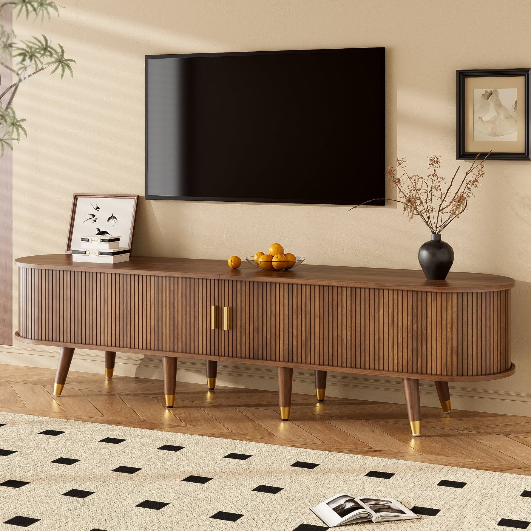 TV Cabinet 175cm Rattan Sliding Door Storage, Walnut Look/Natural Design