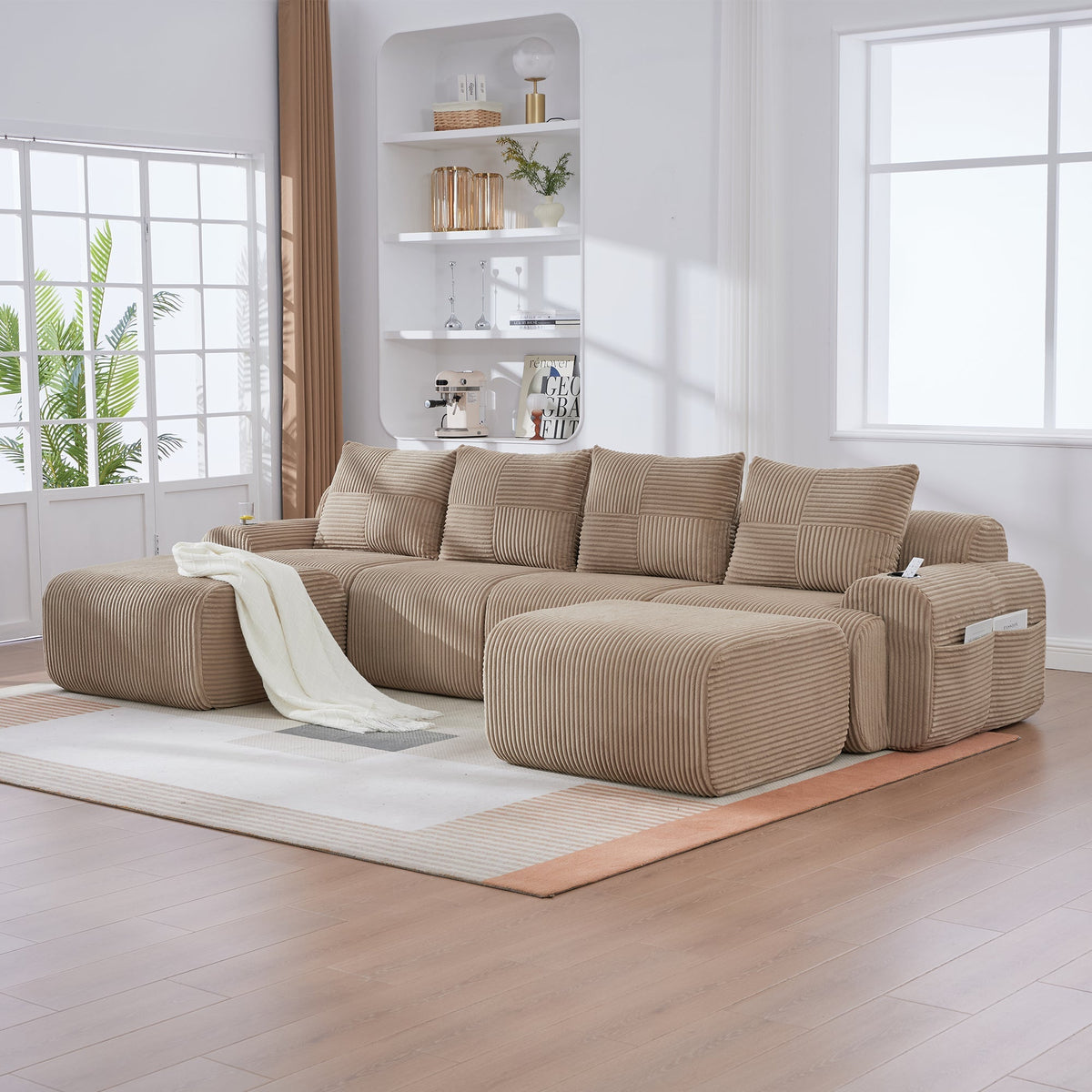 Modular Corduroy Sofa 4-Seater with 2 Ottomans Cup Holders Storage Pocket Khaki