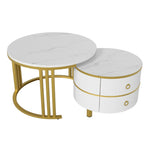 Coffee Table, 2-in-1 Round with 2 Drawers, White Marble & MDF