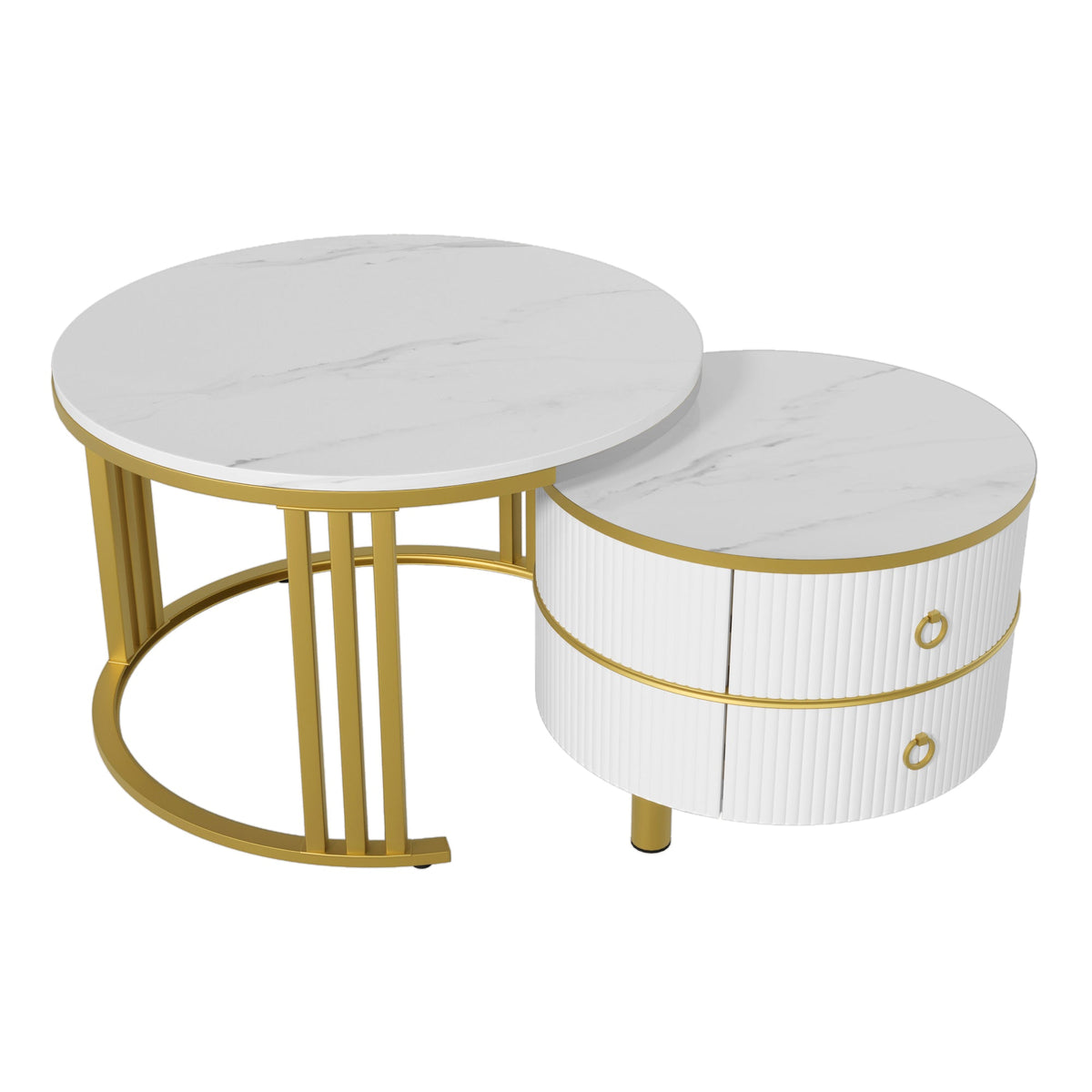 Coffee Table, 2-in-1 Round with 2 Drawers, White Marble & MDF