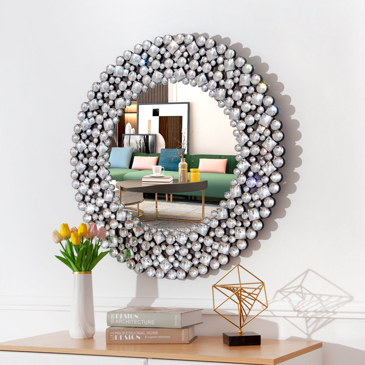 Wall Mirror, Round Crystal Accent 34 inch