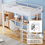 Iron Frame Bunk Bed with Table, Shelves, Ladder, Rail, 90x200cm, White + Natural Iron + MDF