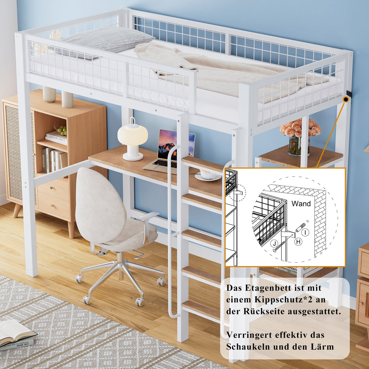 Iron Frame Bunk Bed with Table, Shelves, Ladder, Rail, 90x200cm, White + Natural Iron + MDF