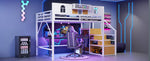 Metal Loft Bed 140x200cm with Storage Ladder & Desk, White Metal Frame
