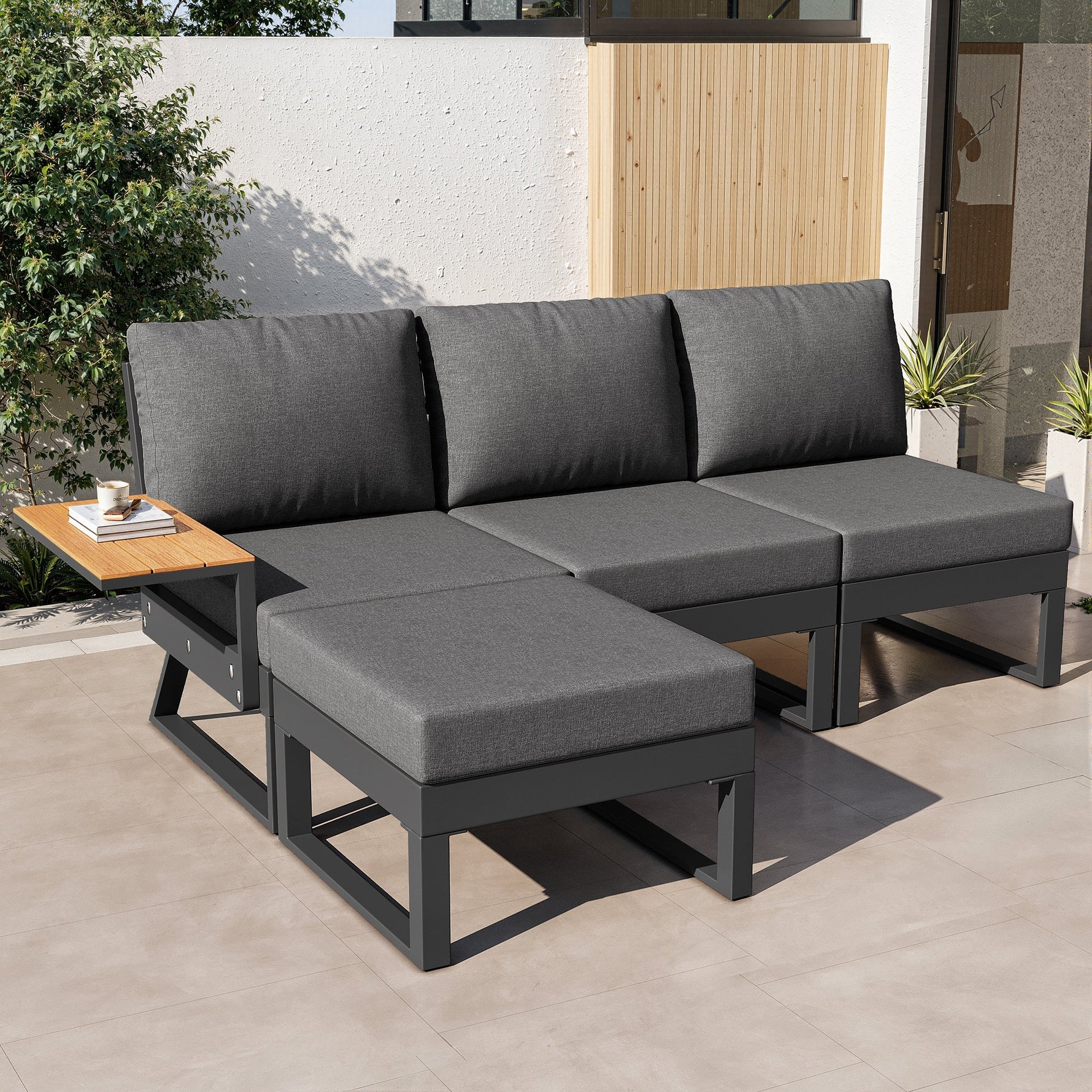 L-shaped Garden Sofa Set Weatherproof 7-Seater Corner Lounger Wooden Armrests Iron Grey/Beige