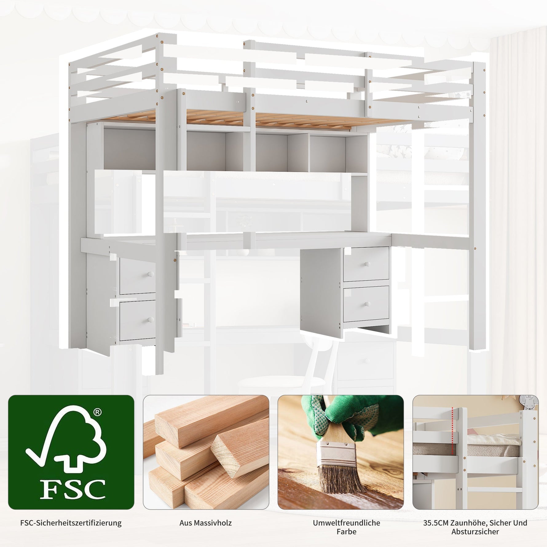 Loft Bed for Children with Desk and Storage, 90x200cm, White Pine Wood