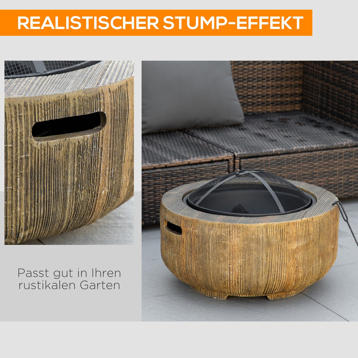 Fire Bowl Fire Pit, Lid & Poker, Tree Stump Design, Steel MgO Brown