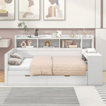 Daybed with Desk and USB Charging Port, 90 x 200 cm with 2 Drawers and Storage Shelves, White Chipboard
