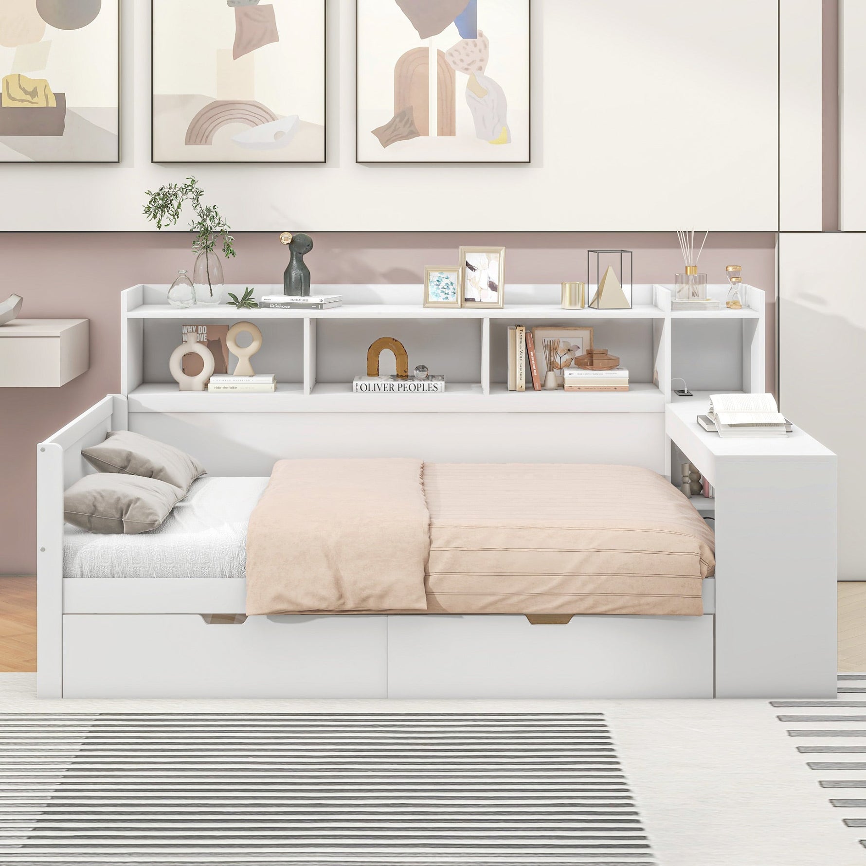 Daybed with Desk and USB Charging Port, 90 x 200 cm with 2 Drawers and Storage Shelves, White Chipboard