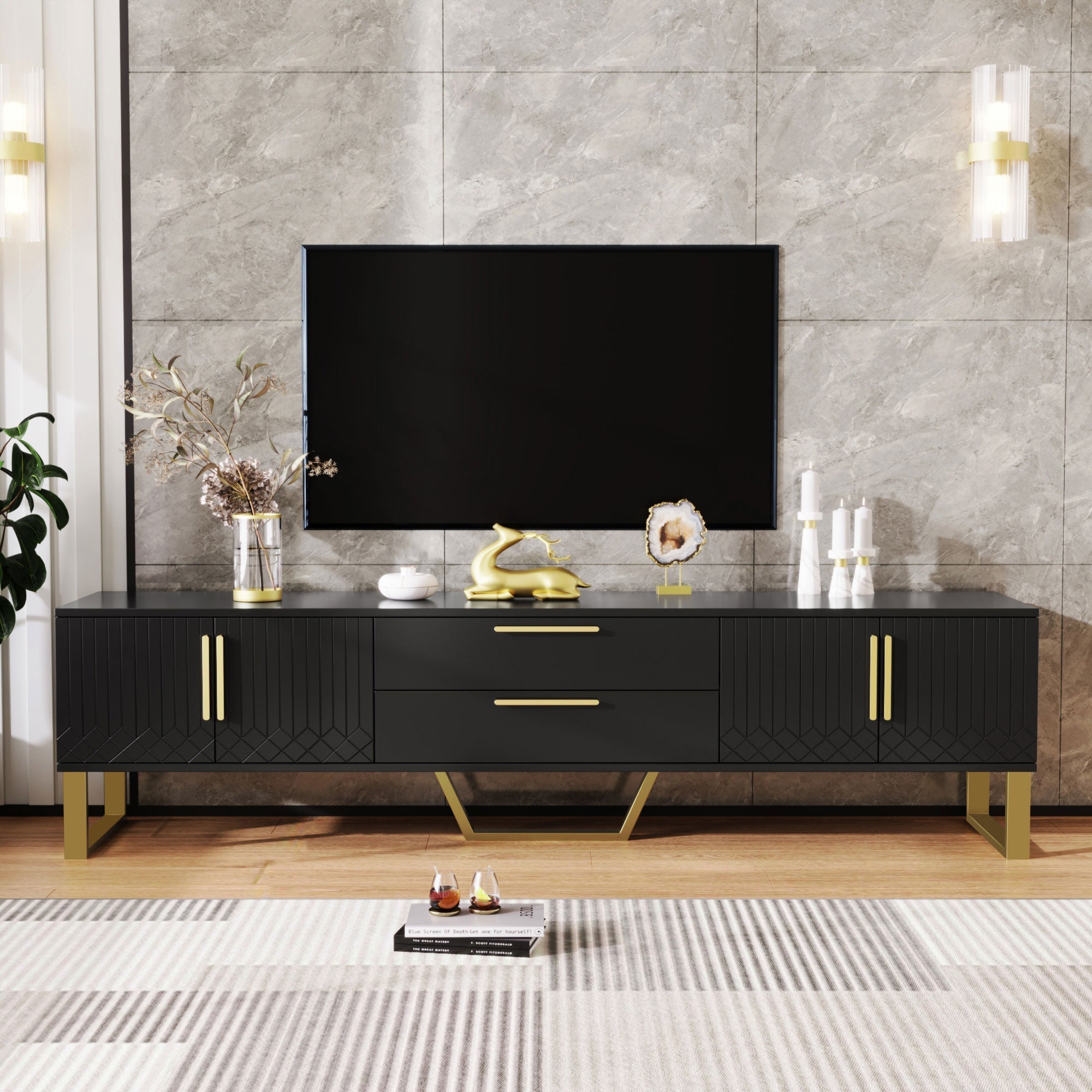 TV Cabinet High-Gloss Engraved Door Storage Gold Handles/Feet