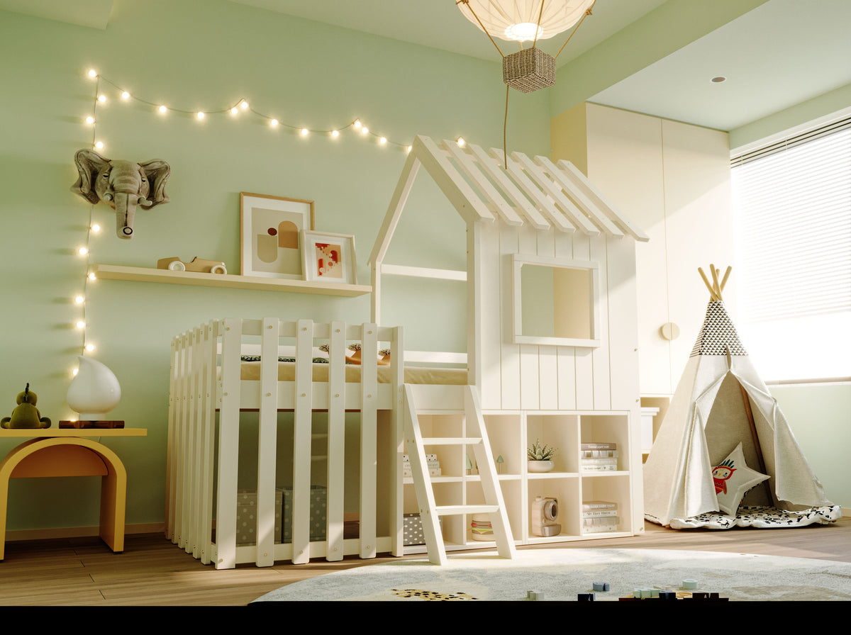Children's House Bed 90x200, Roof & Window, Ladder, Solid Wood White