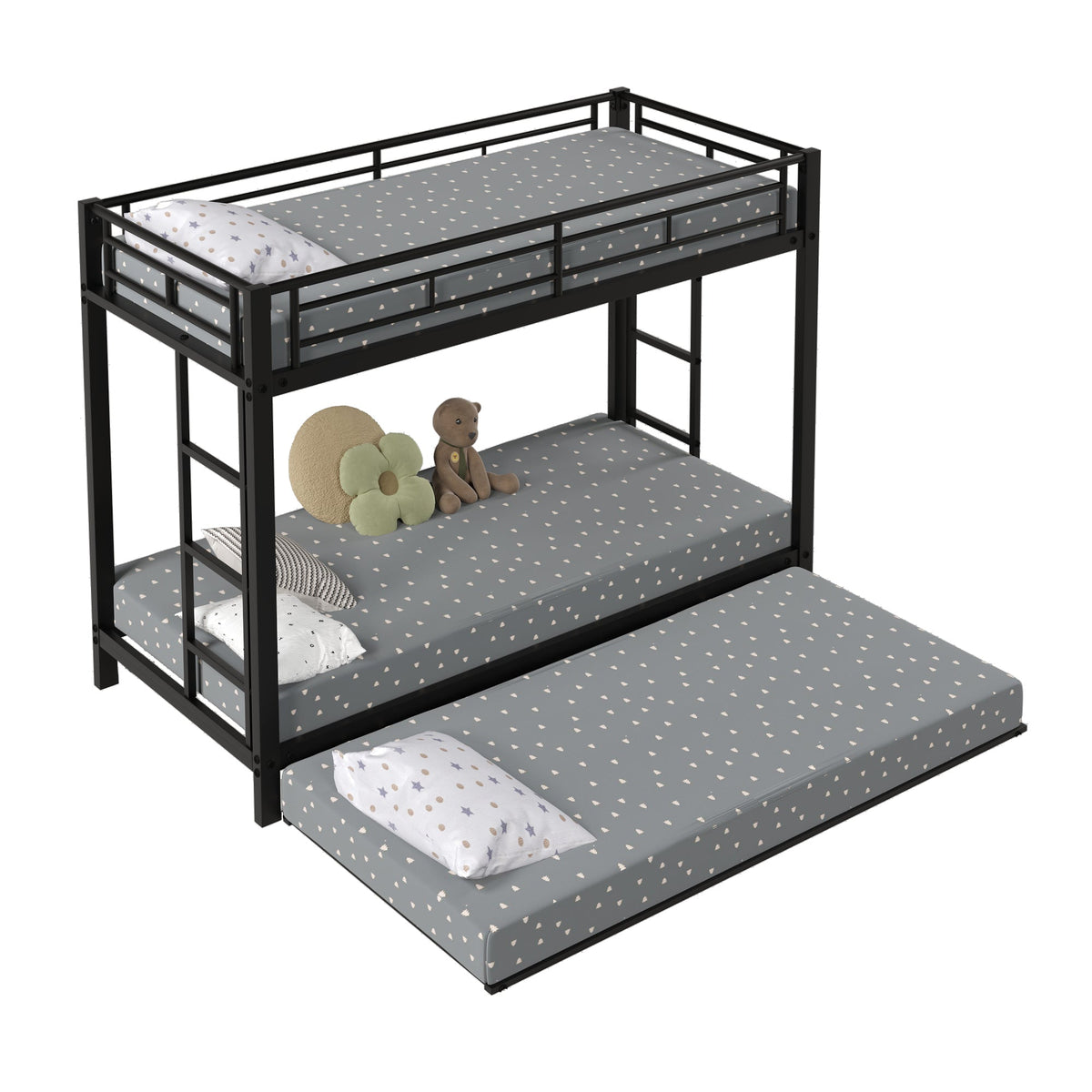 Bunk Bed 90x200cm with Pull-Out Bed Safety Railings EN747 Certified - Black Iron Frame