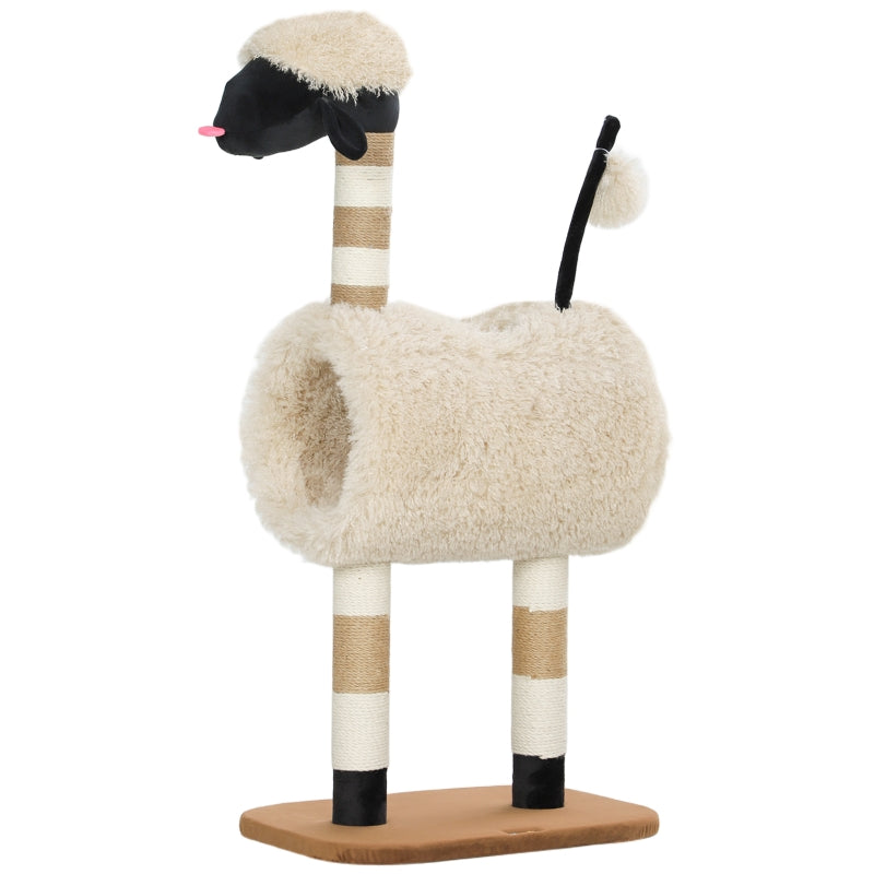 Cat Tree, Scratching Post Tunnel & Toys 98cm, Sheep Design Light Brown