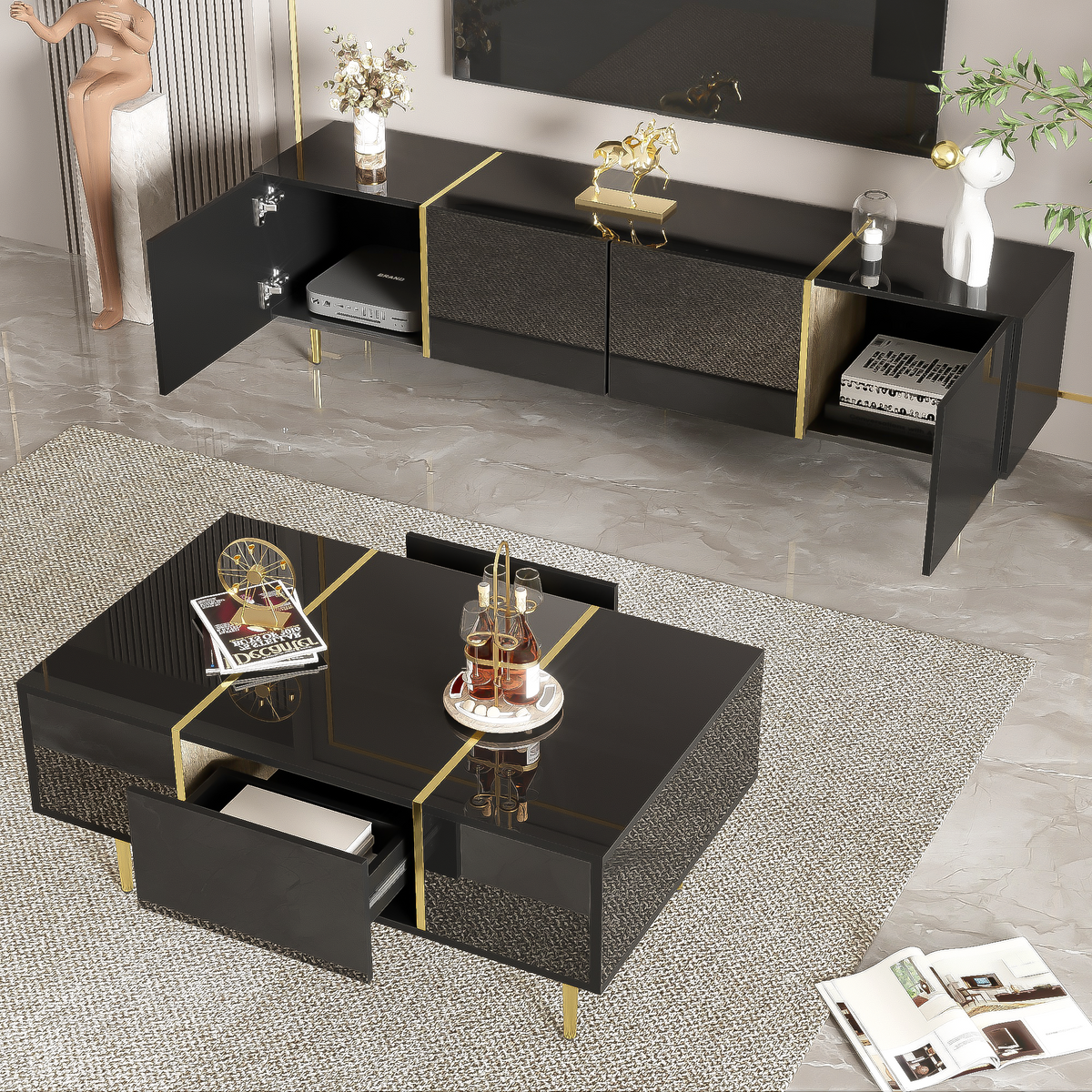 TV Cabinet and Coffee Table Set, High Gloss, Black