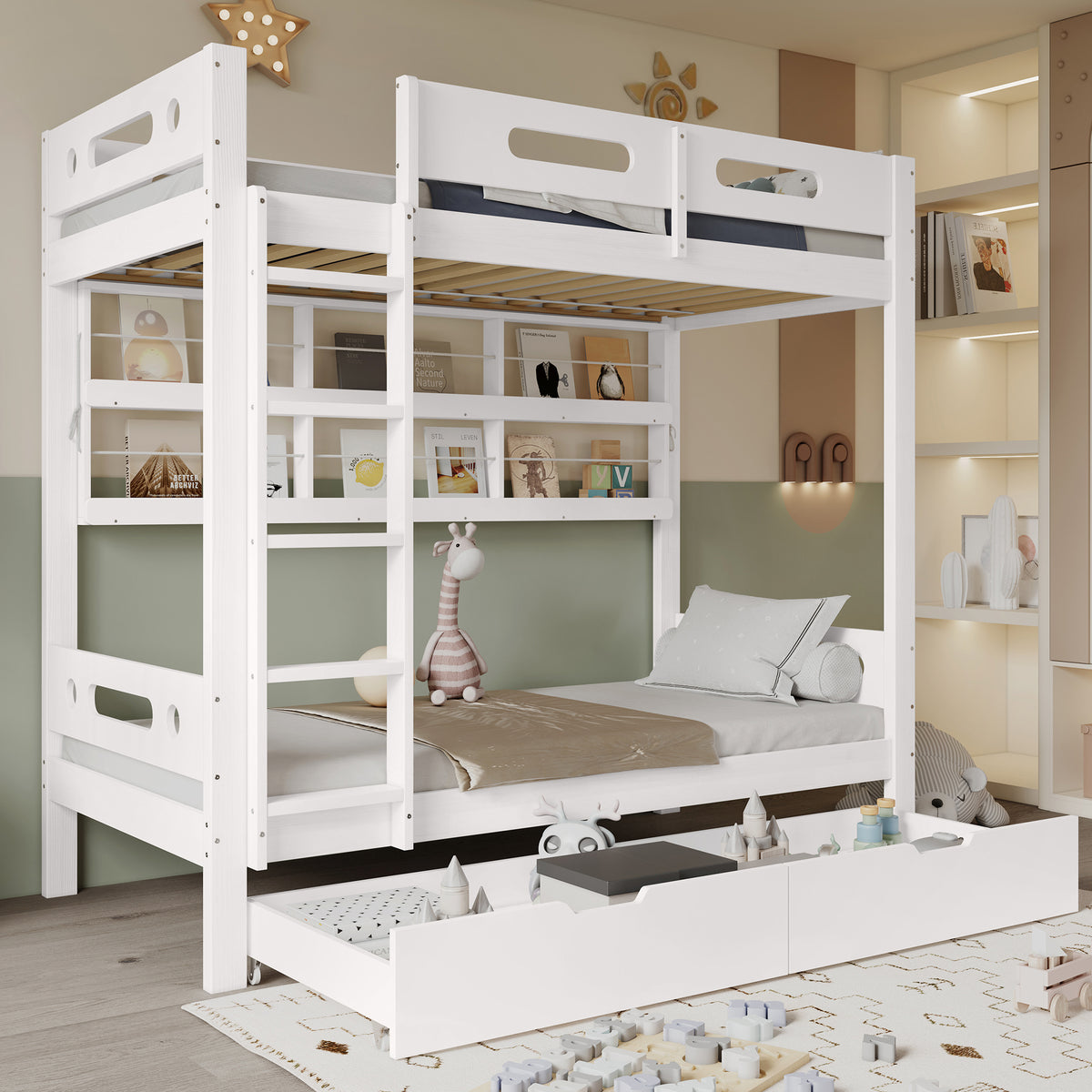 Bunk Bed 90x200 with Drawers & Storage Shelf, White Pine