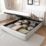 Binaural LED Upholstered Bed with Hydraulic Storage, USB Port and Adjustable Headboard, 180x200cm, White PU Pebble