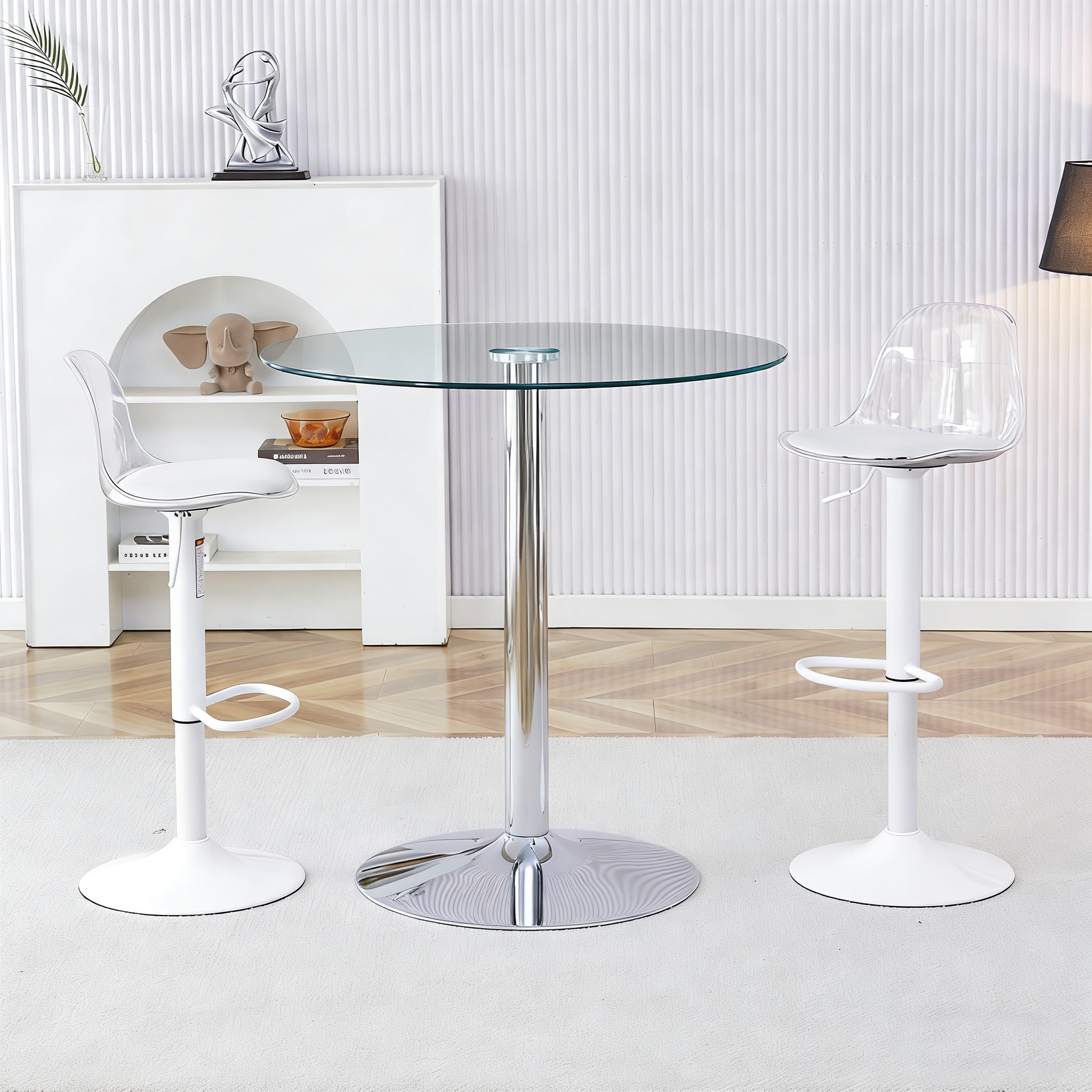 Bar Set 89cm Glass Table 2 Stools Adjustable Swivel - White Legs