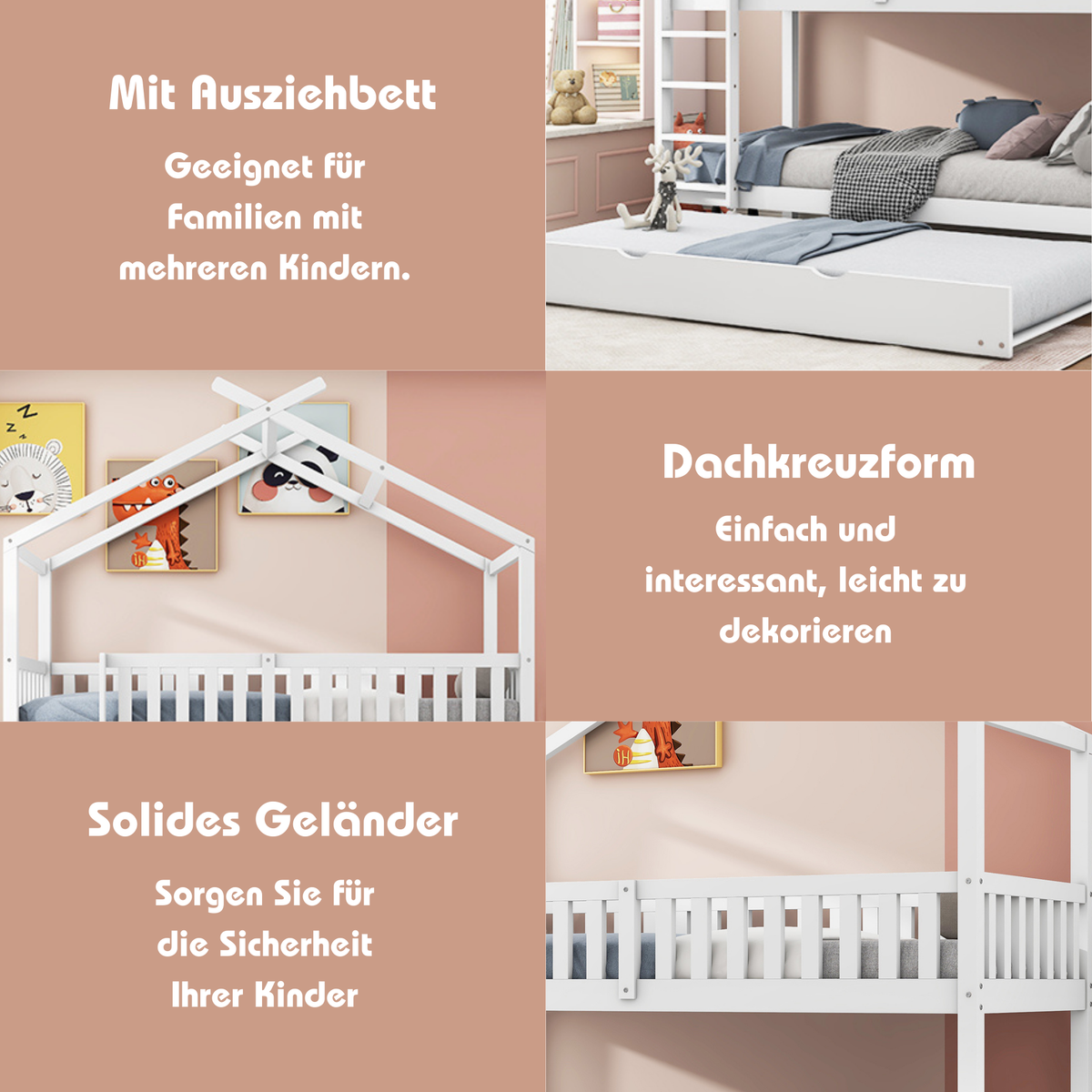 House Bed 90x200cm Triple Extendable Space-Saving - White
