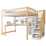 Loft Bed with Desk, LED Lights and Storage Shelves, 140x200cm, White and Natural