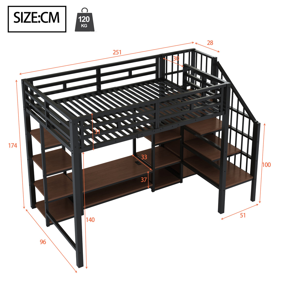 Loft Bed 90x200 with TV Stand, Power Outlet & Ladder, Black