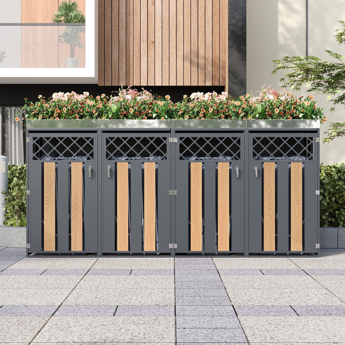 Garbage Can Enclosure with Diamond Ventilation Holes, Lockable Four Doors and Planting Area, Metal