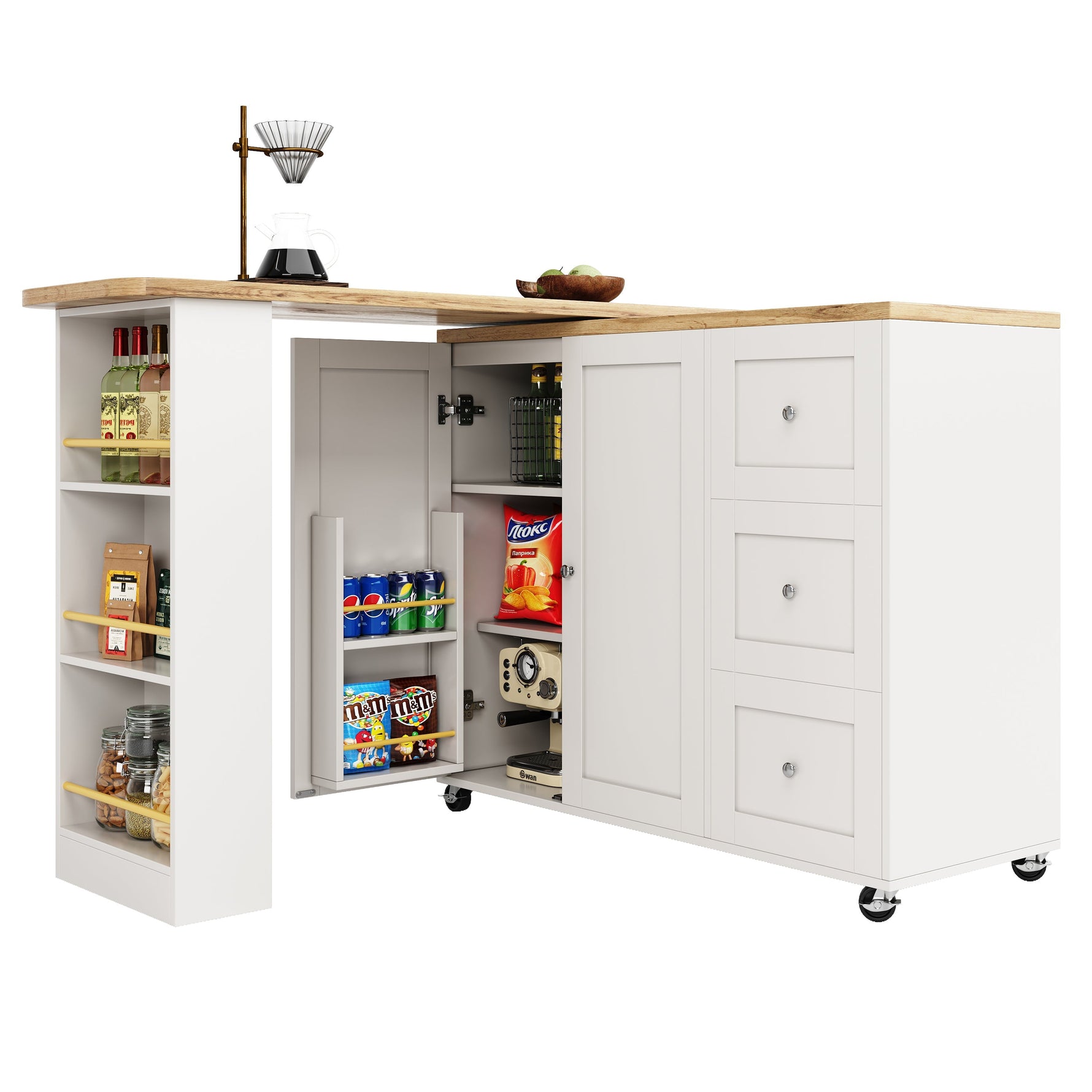 360° Rotating Bar Table Extendable Storage Island with 3 Drawers and Casters, White