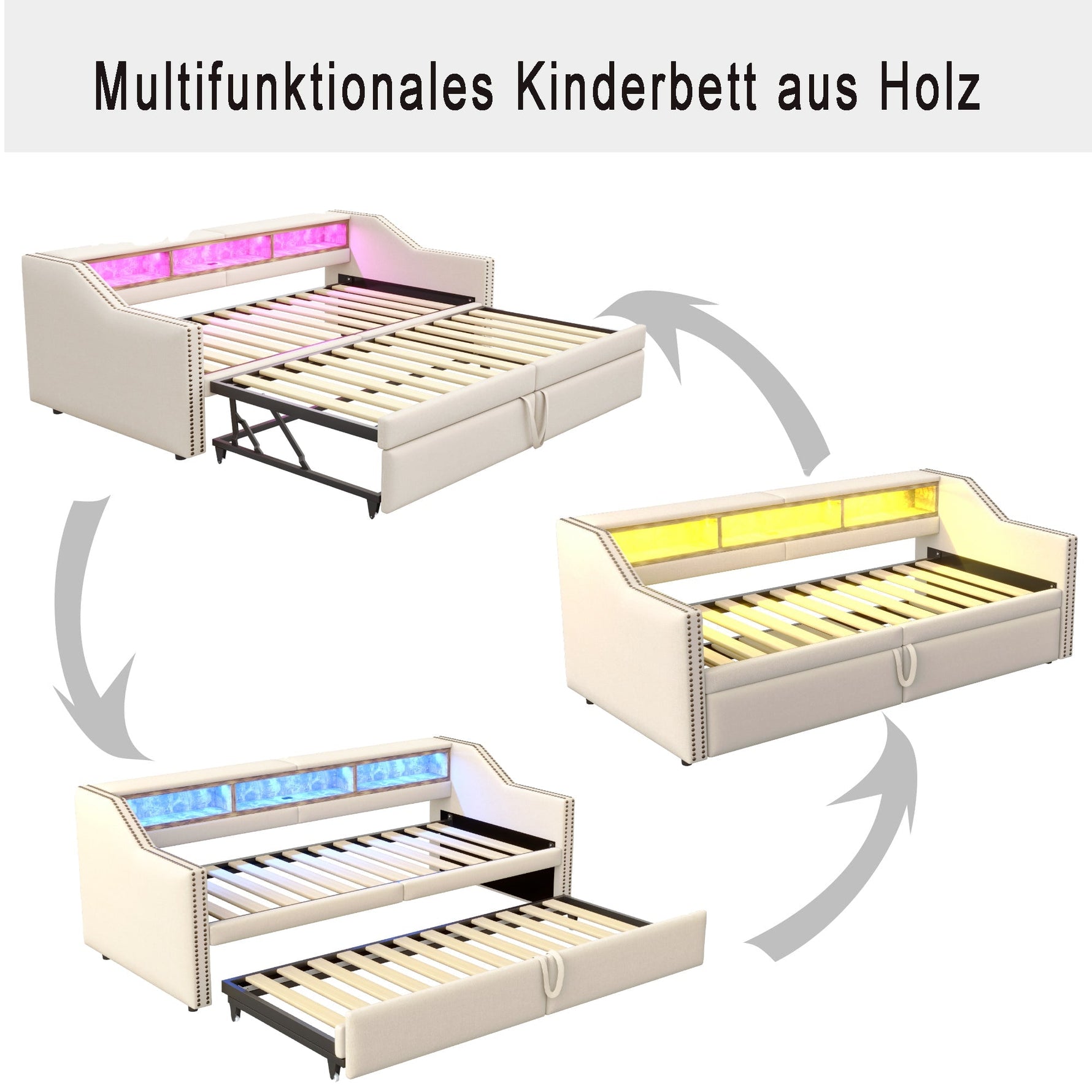 Extendable Upholstered Sofa Bed with Storage, LED and USB, 90/180x200cm, Beige Velvet