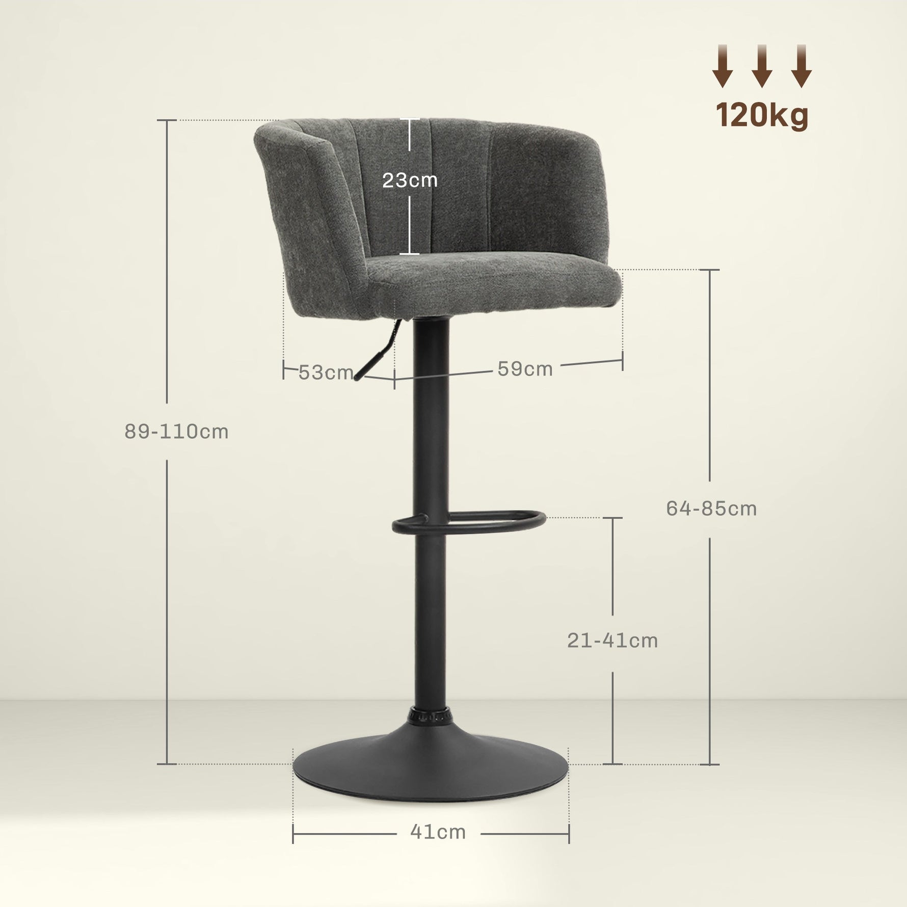 Set of 2 Bar Stools, Swivel Height-Adjustable with Footrest, Linen Dark Grey