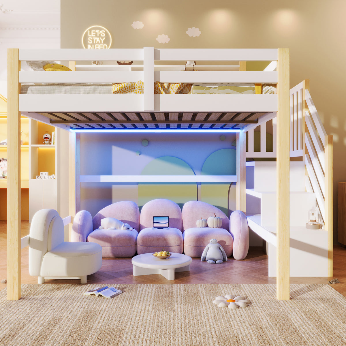 Loft Bed 140x200cm with LED Lights & Storage - White & Natural
