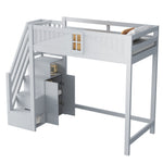 Solid Wood Loft Bed with Safety Door and Storage Ladder, 90 x 200 cm, Grey