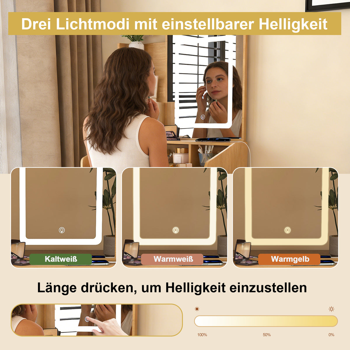 Dressing Table Set with LED Mirror & Power Outlet, Wood