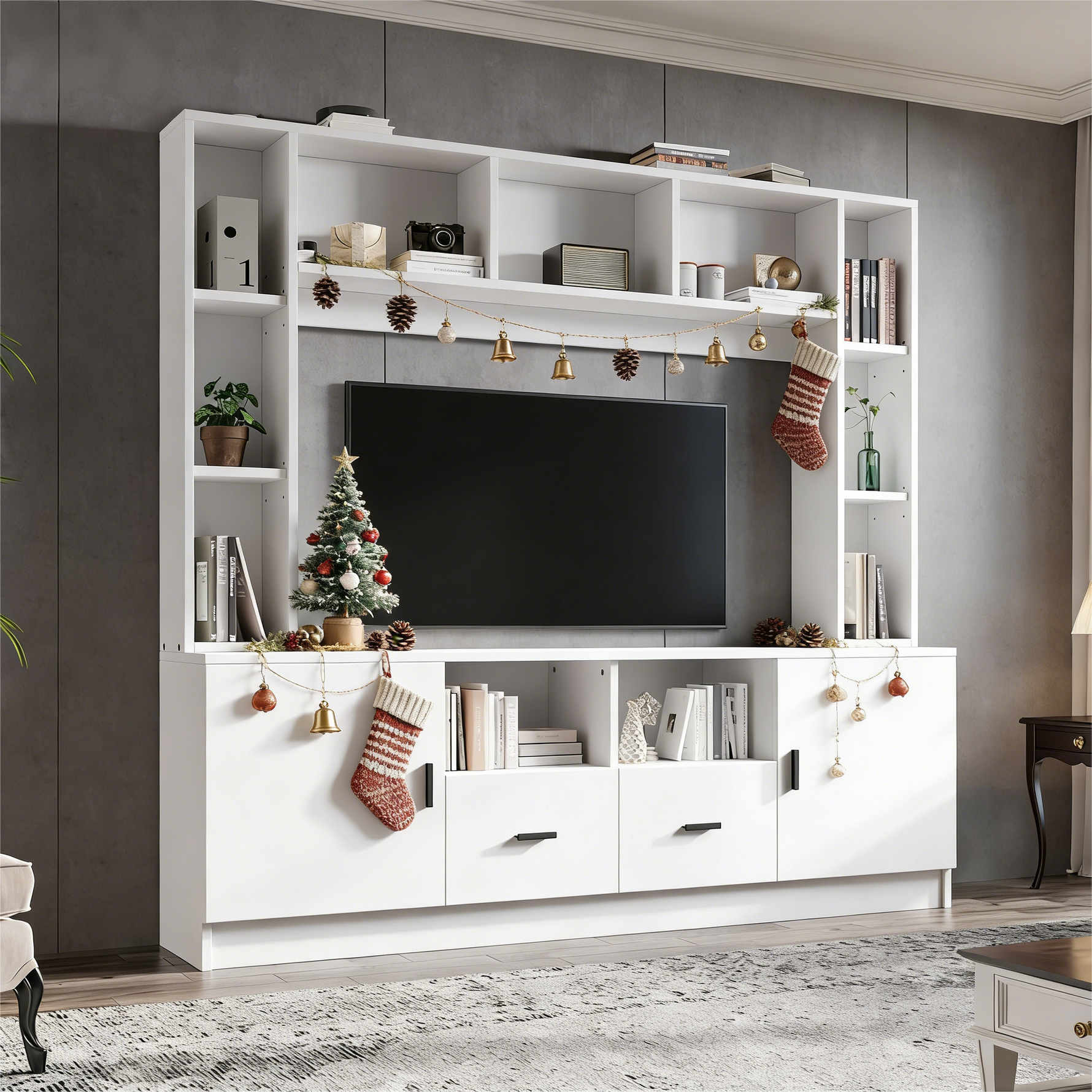 TV Wall Unit Set 180x170cm Display Cabinet 2 Cabinets 2 Drawers for 60" TV - White
