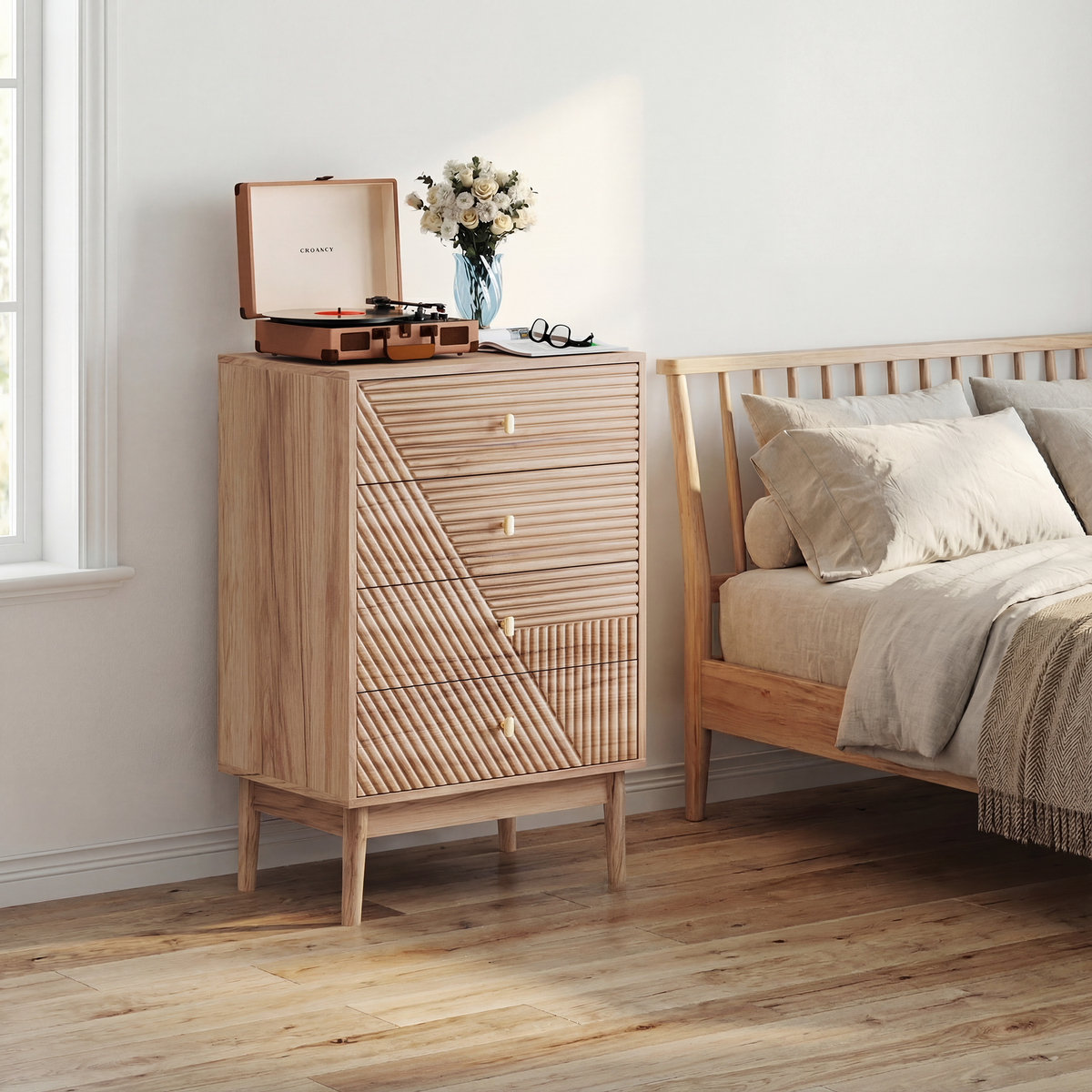 Chest of Drawers with 4 Storage Drawers and Wooden Wardrobe Cabinet, Oak Color