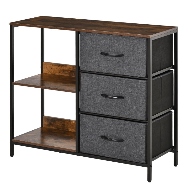 Storage Chest of Drawers, 3 Fabric Drawers and Shelves, Brown and Gray Metal