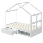 Wooden Bed with Drawers, Shoe Cabinet and LED Lighting, 90x190cm, White Wood