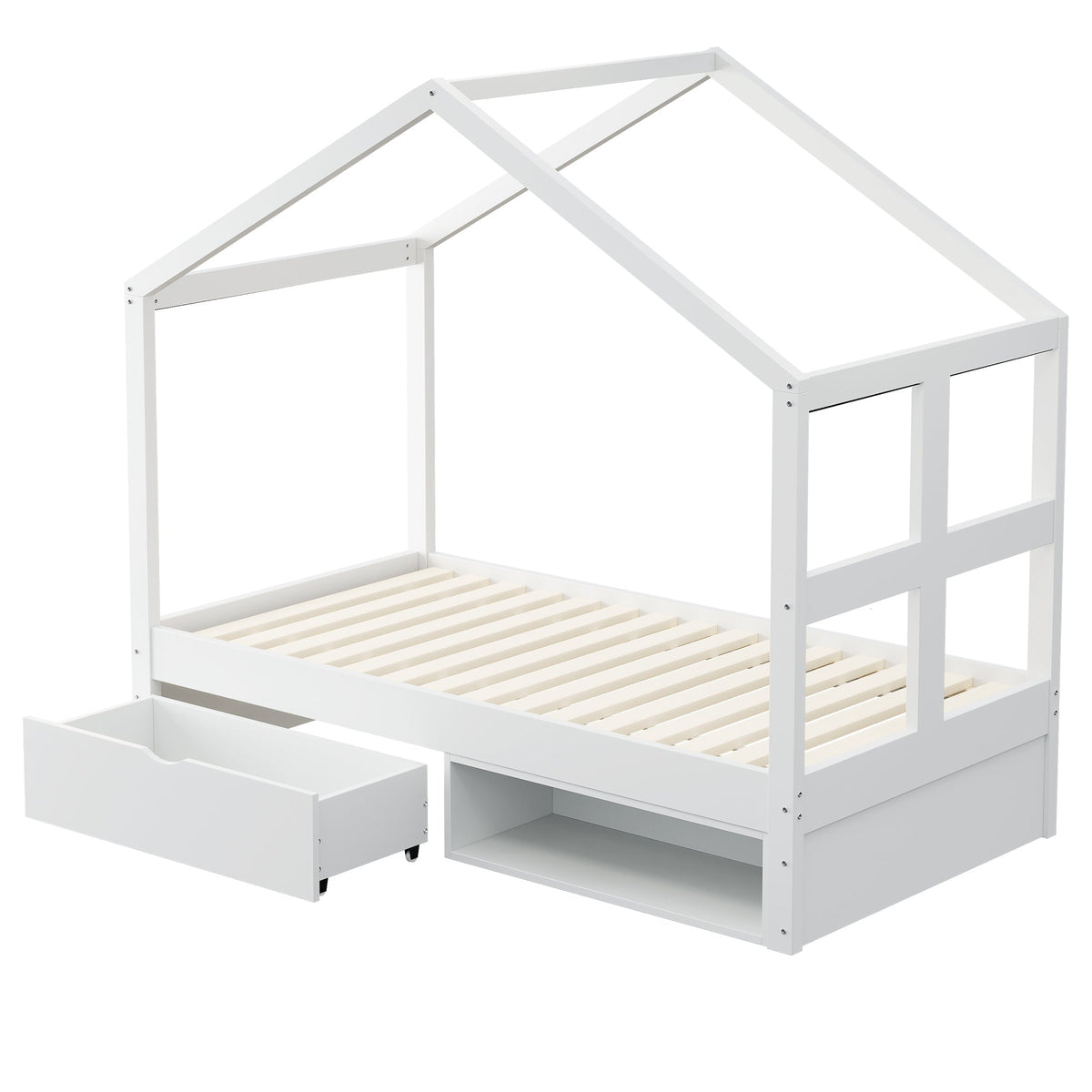 Wooden Bed with Drawers, Shoe Cabinet and LED Lighting, 90x190cm, White Wood