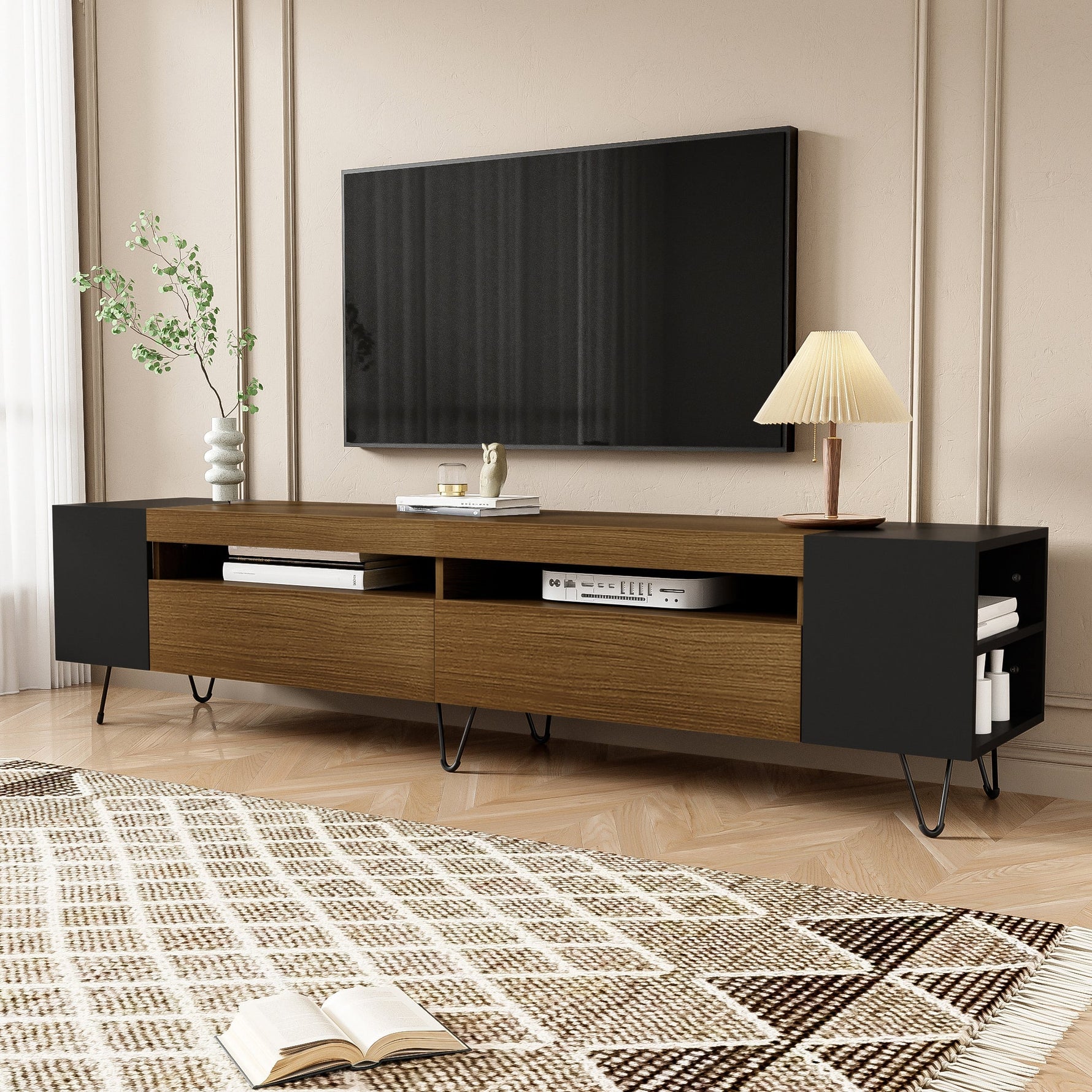 Modern TV Cabinet 180cm, Black and Wood Look