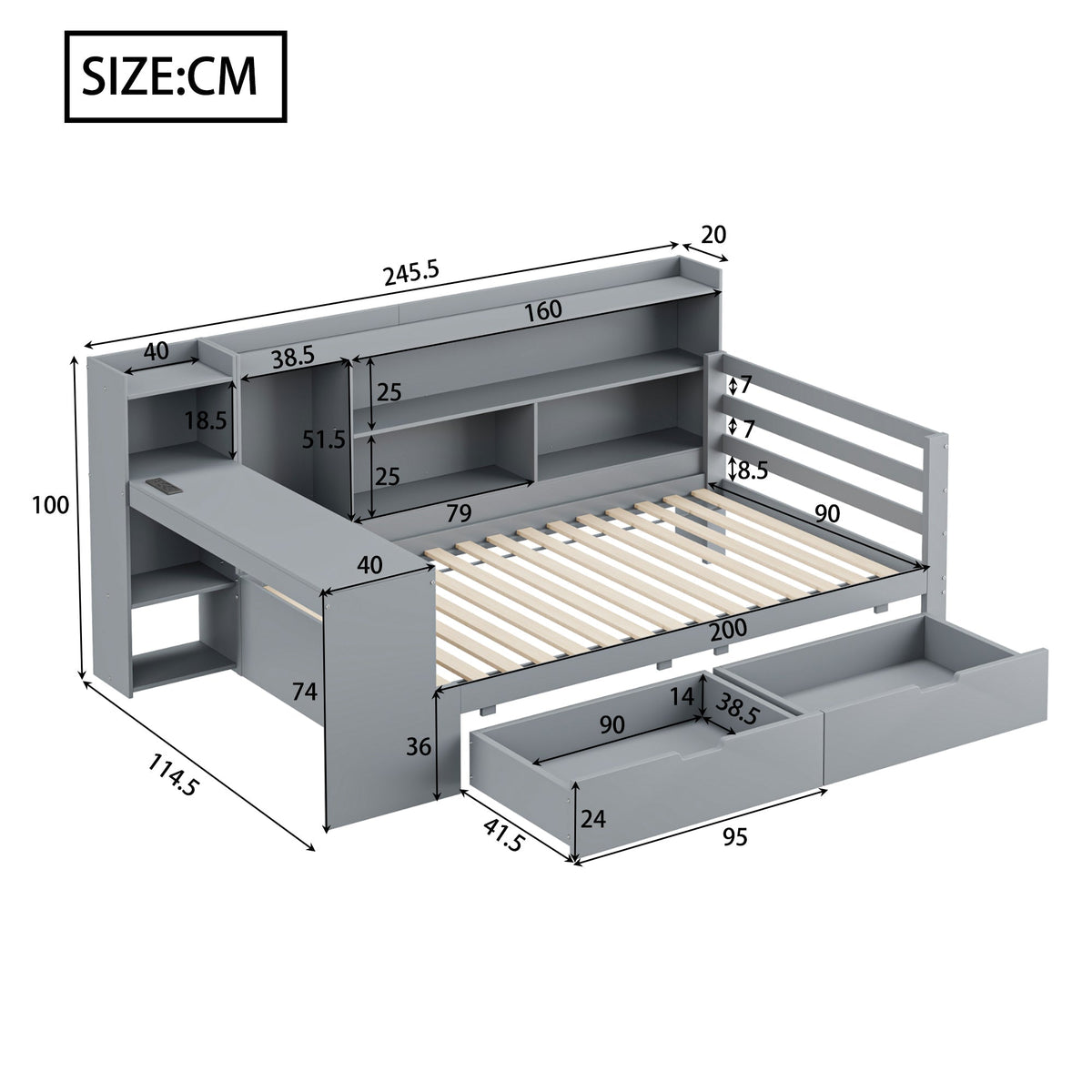 Sofa Bed, Multifunctional with Desk, Bookshelf, Storage & Power Outlet, Solid Wood, Grey