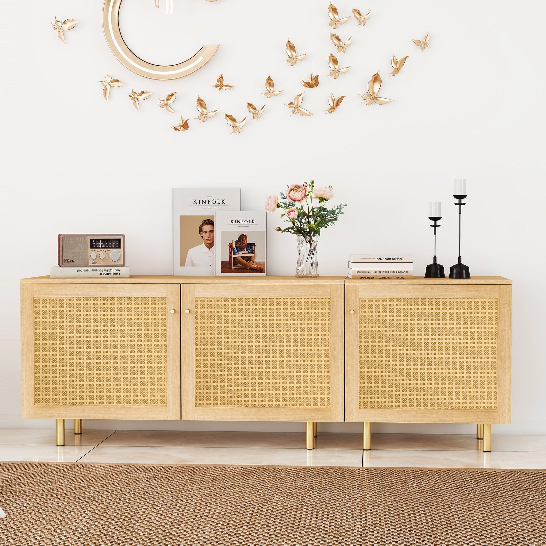 Modular Storage Cabinet Sideboard, 3-Door Rattan Rustic 180cm, Natural Wood Look