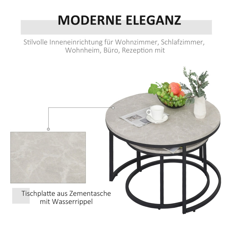 Coffee Table Set - 2 Round Nesting Tables Industrial Metal Frame - Concrete Look/Black
