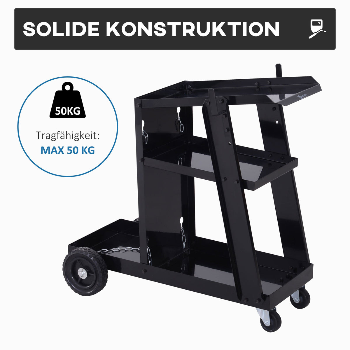 DURHAND Welding Cart, 3 Shelves, Safety Chain, Steel, Black