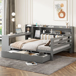 Sofa Bed, Multifunctional 140x200cm with Desk Storage & Power Outlet, Solid Wood Grey