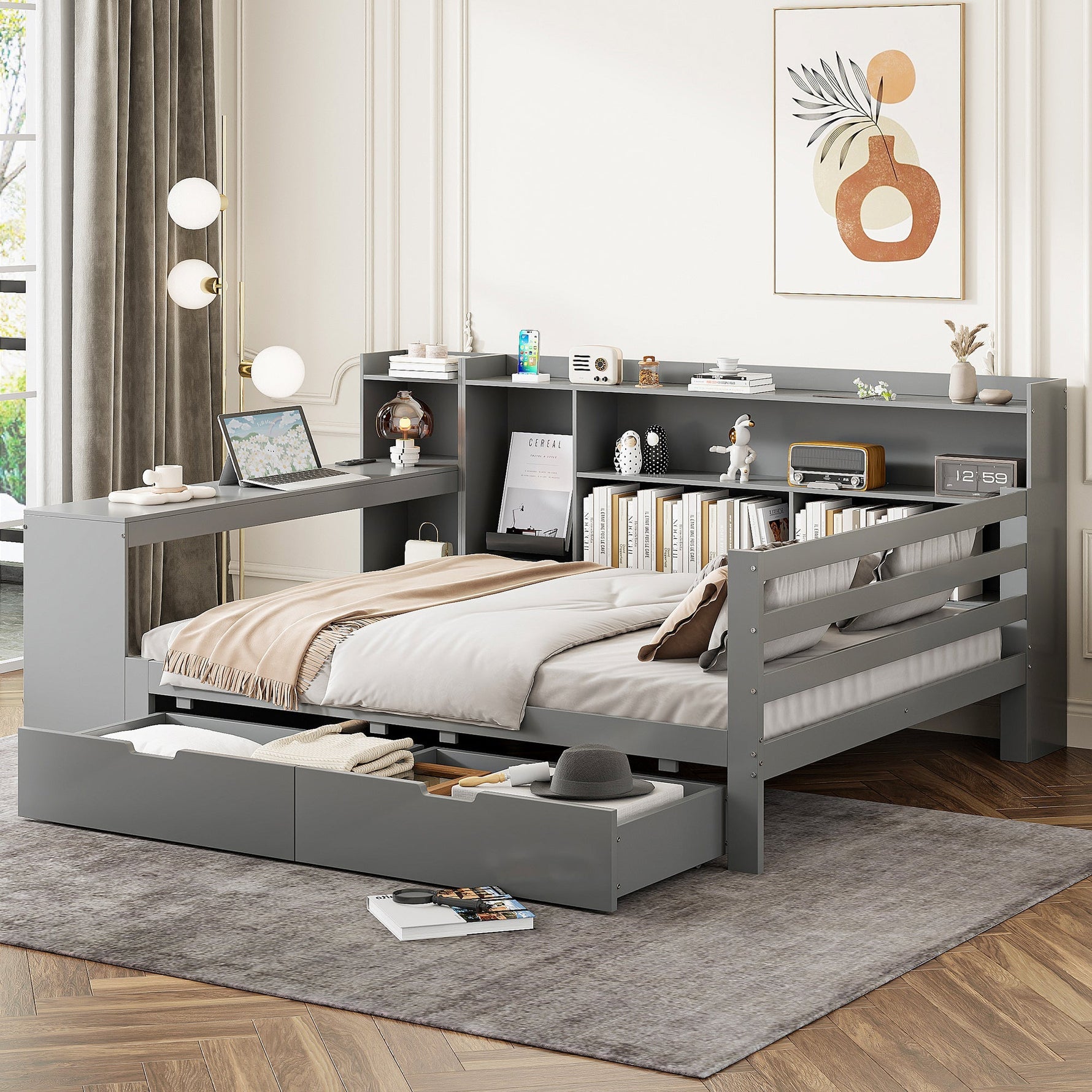Sofa Bed, Multifunctional 140x200cm with Desk Storage & Power Outlet, Solid Wood Grey