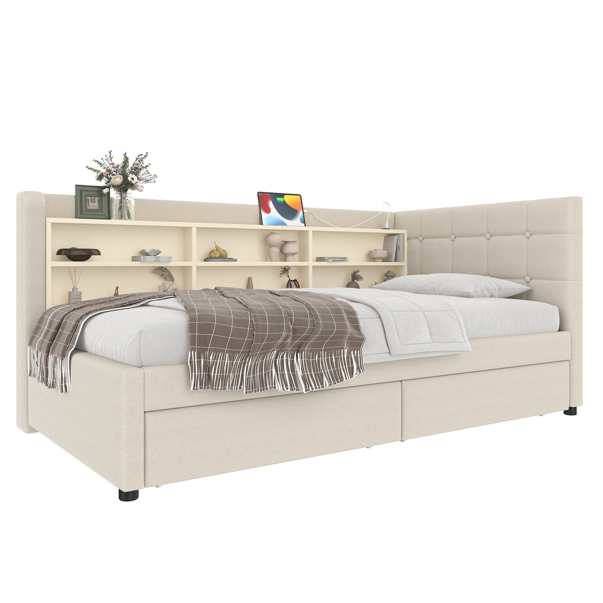Daybed Sofa Bed 90x200cm 2 Drawers USB-Type C Storage - Linen Beige