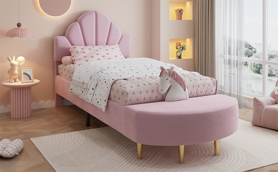 Upholstered Single Bed 90x200cm Velvet Headboard Matching Bench - Pink Velvet