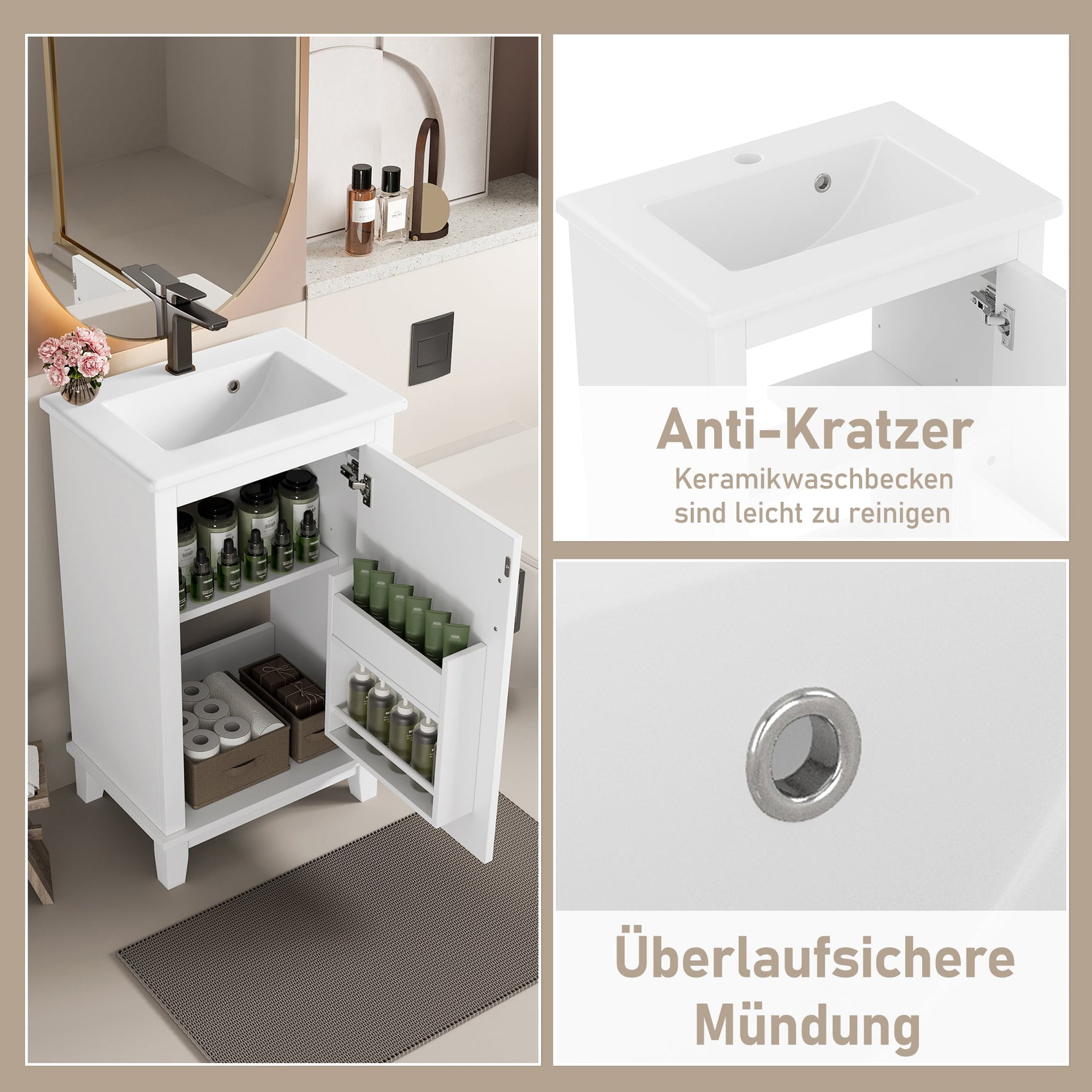Floor-standing Bathroom Vanity Unit with Integrated Ceramic Sink and Adjustable Shelves, White