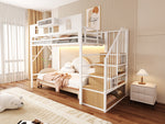 Metal Loft Bed 90x200cm with Storage Ladder & Light Strip, White